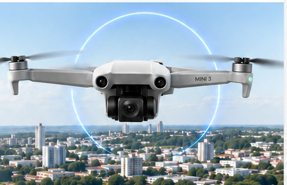 Drone DJI Mini 3 sobre uma vista aérea urbana
